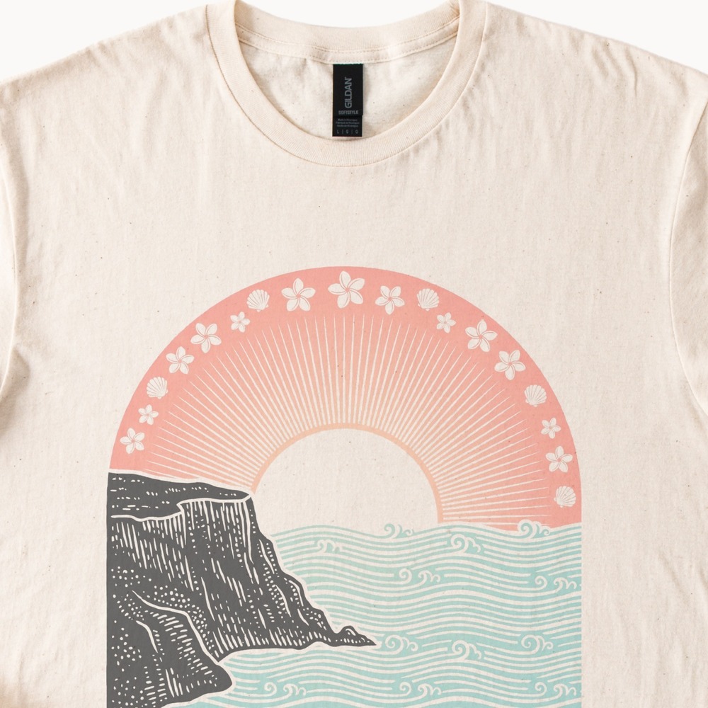 Deep Water Soul Coastal Graphic Tee Ocean Sunset Line Art Design